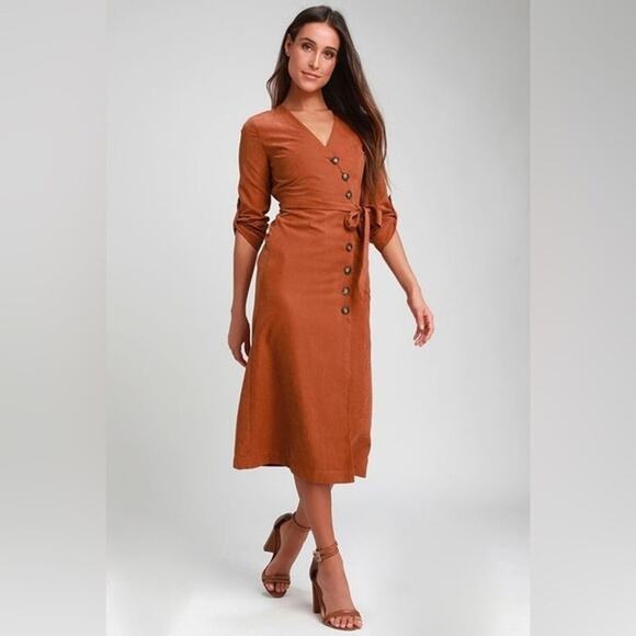 🆕 NWT Lulus terracota vegan washed faux suede midi dress - Picture 2 of 16